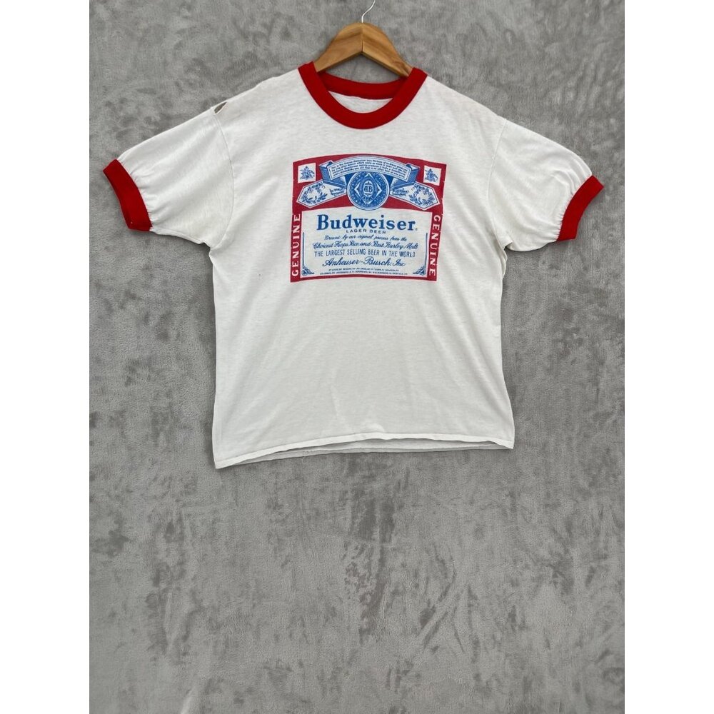 Vintage Budweiser 70s Size M Ringer Tee Single Stitch Distressed Graphic T-shirt